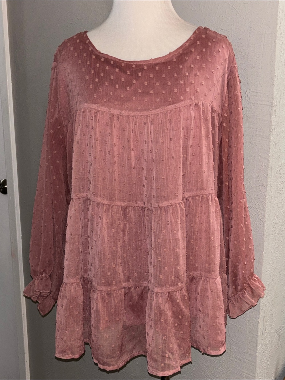 Tiered Swiss Dot Long-Sleeve Tunic in Dusty Rose